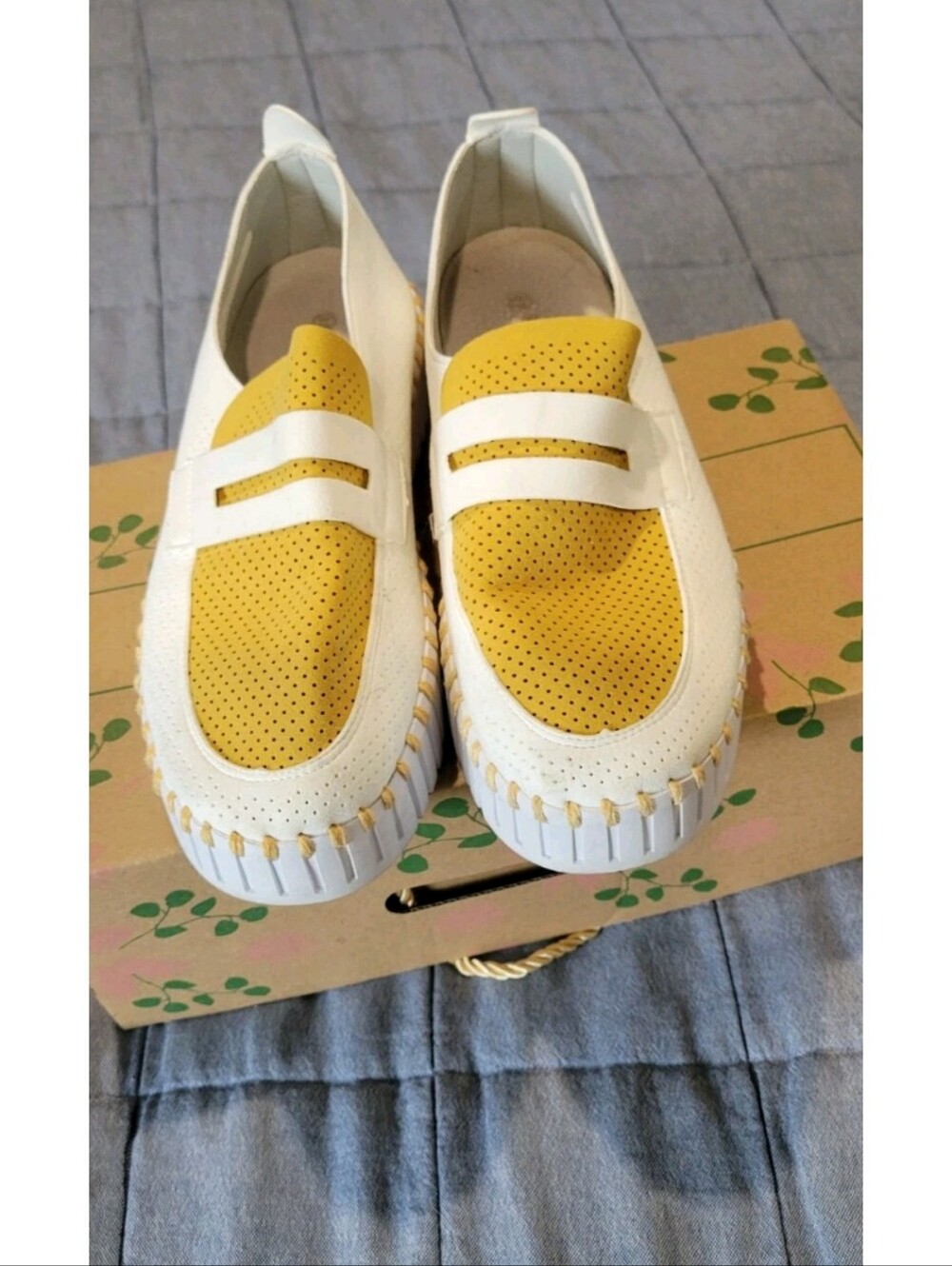 Ilse Jacobsen Yellow and White Perforated Slip-On Loafers